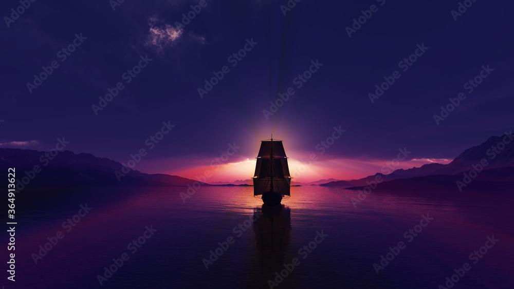 old ship at sea sunset illustration - obrazy, fototapety, plakaty 