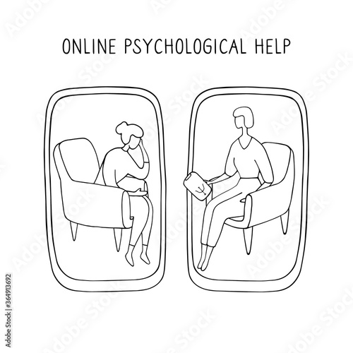 Girl at session with psychologist talks about her problems. Online consultation of psychotherapist. Psychological treatment. Linear vector illustration