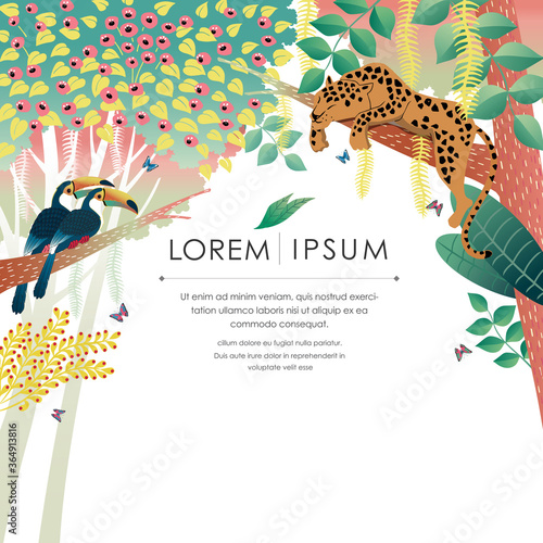 Vector illustration of Exotic Jungle with tropical flowers and animals. Design for banner, poster, card, invitation and scrapbook 
