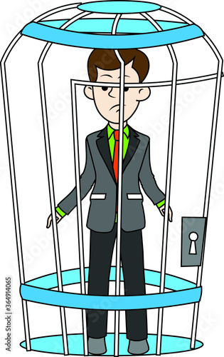 colorful illustration of a man in a prison case locked businessman ceo manager worker trainer lawyer unhappy sad person boy trapped trap