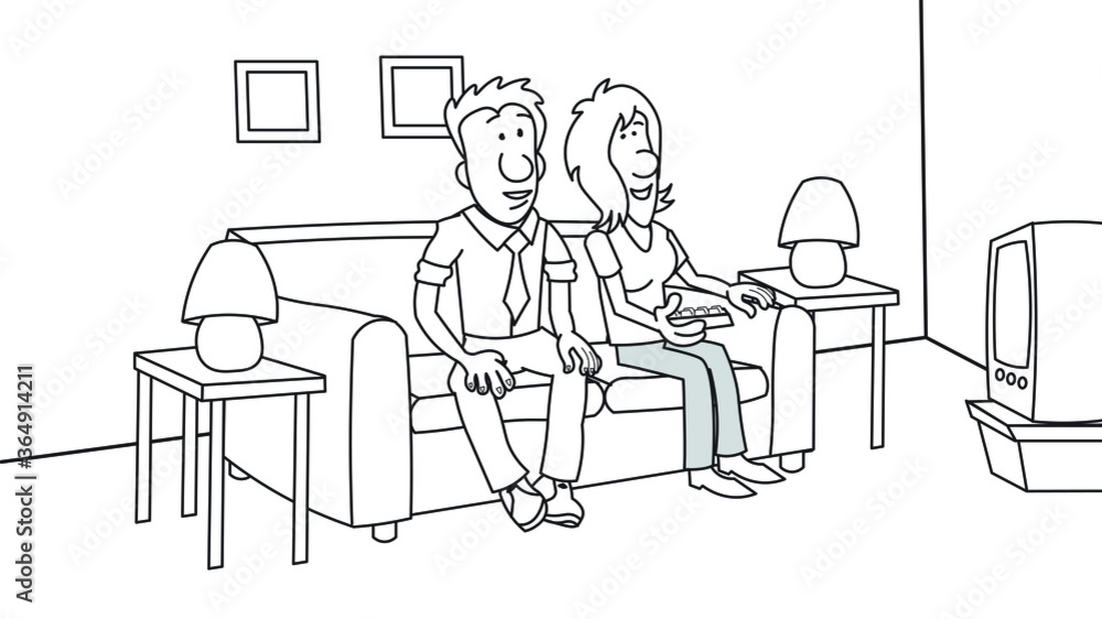 Couple watching television sitting on a sofa coach living room remote control in hand