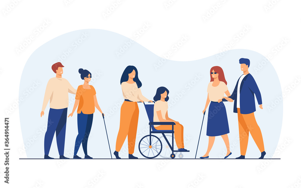 © SurfupVector - Volunteers helping disabled friends in outdoor walking, leading blind people or wheeling wheelchair. Can be used for disability, diversity, assistance concept