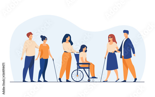 Volunteers helping disabled friends in outdoor walking, leading blind people or wheeling wheelchair. Can be used for disability, diversity, assistance concept