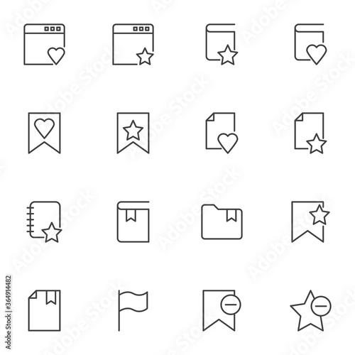 Bookmark line icons set, outline vector symbol collection, linear style pictogram pack. Signs logo illustration. Set includes icons - website bookmark, favorite book, folder, document file, star, flag
