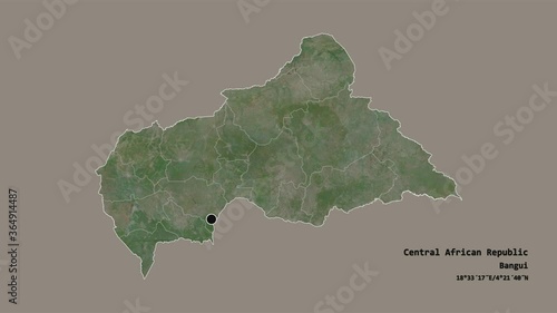 Basse-Kotto, prefecture of Central African Republic, with its capital, localized, outlined and zoomed with informative overlays on a satellite map in the Stereographic projection. Animation 3D photo