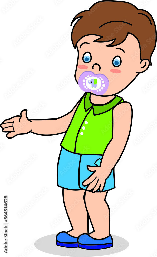 Cute Little boy kid pacifier in his mouth standing looking showing presenting Cute Little boy kid pacifier in his mouth standing looking showing presenting