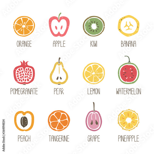 Cute set of fruit slices icons isolated on transparent background. Colorful fruits original design. Can be used for infographics or decoration. Vector shabby hand drawn illustration