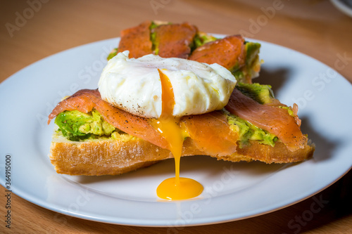 salmon toast with avocado and poached egg