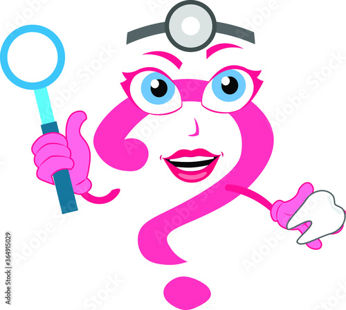 Dentist doctor funny cute amazing question mark lady character mirror dental equipment in hand artificial teeth search light on head woman girl sexy