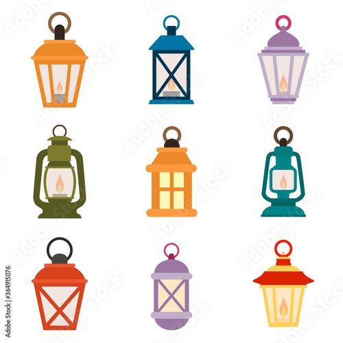 Vintage camping lantern flat, lamp icon, piece of cheese icon, vector illustration isolated on white background