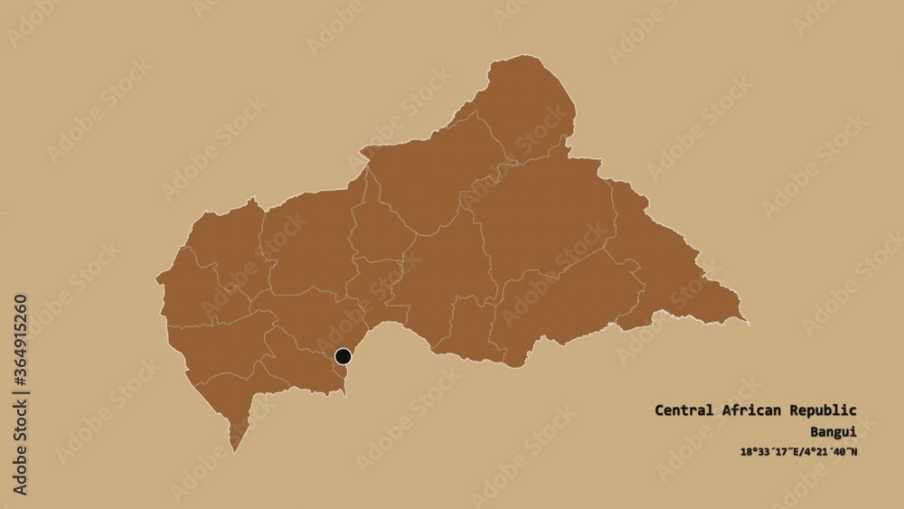 Haut-Mbomou, prefecture of Central African Republic, with its capital, localized, outlined and zoomed with informative overlays on a solid patterned map in the Stereographic projection. Animation 3D Haut-Mbomou, prefecture of Central African Republic, with its capital, localized, outlined and zoomed with informative overlays on a solid patterned map in the Stereographic projection. Animation 3D