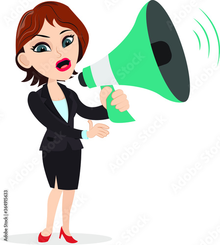 Famous business woman holding a big megaphone loudspeaker speaking loudly announcing some good news