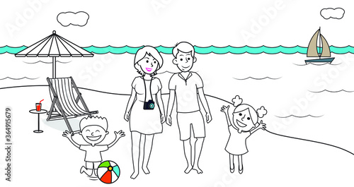 Family having great fun in a vacation trip on a beach waling playing kids girl boy ball chair sea cloud umbrella juice boats camera