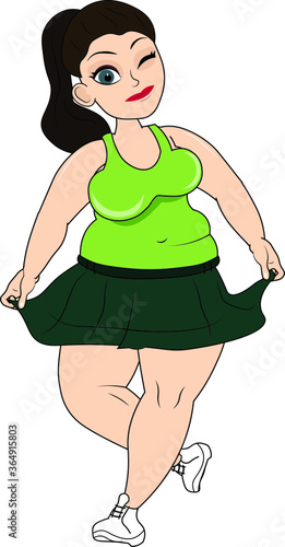 Fototapeta Fat young lady shows curtsy two hands hold end of sport skirt giving wink a wond