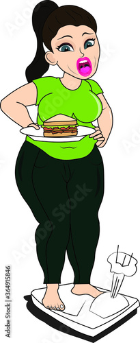 Fat woman screaming loudly holding a plate of sandwich standing on a weight scale over weight got panic giving up fast foods