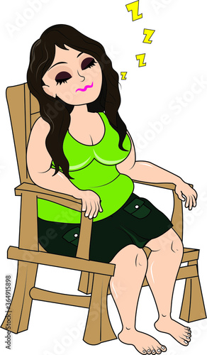 Fatty young lady got tired and sleeping deeply sitting on a chair sexy tops shorts skirts holding arms of chair