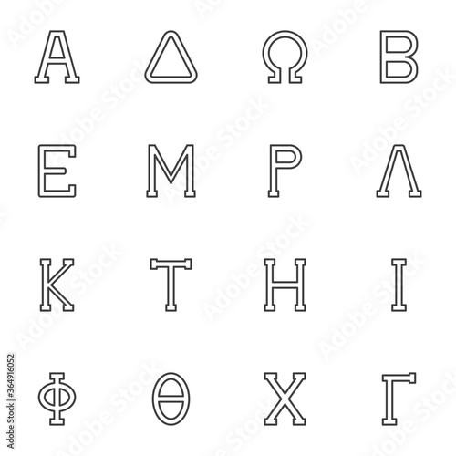 Greek symbols line icons set, outline vector symbol collection, linear style pictogram pack. Signs, logo illustration. Set includes icons as alphabet letters Alpha, Delta, Omega, Beta, Epsilon, Lambda