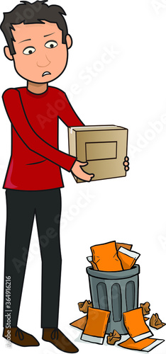 Frustrated man throwing out a packet things gift item in a thrash can recycle bin dust bin