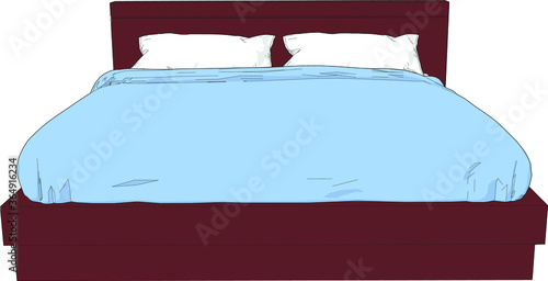top view front angle Birds eye view perspective Double bed furniture interior element pillows blanket oak wood brown blue white