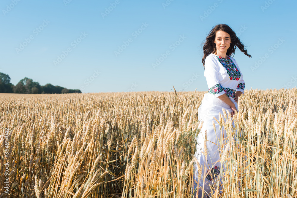 A young, pretty, pretty girl in a Ukrainian folk traditional shiny costume in a golden wheat field. A young, pretty, pretty girl in a Ukrainian folk traditional shiny costume in a golden wheat field.