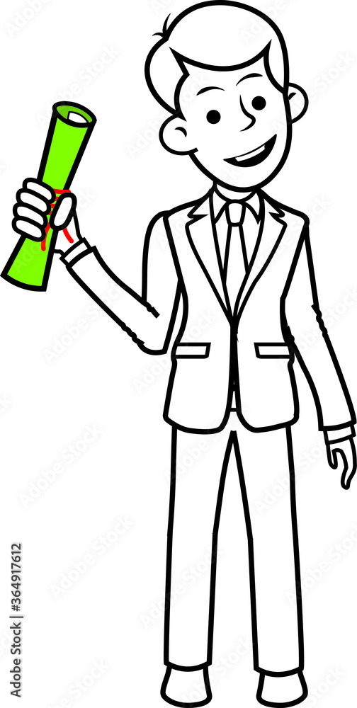 hand drawn happy man with certificate diploma in hand hand drawn happy man with certificate diploma in hand