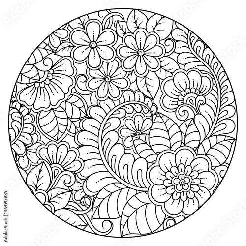 Outline round flower pattern in mehndi style for coloring book page. Antistress for adults and children. Doodle ornament in black and white. Hand draw vector illustration.
