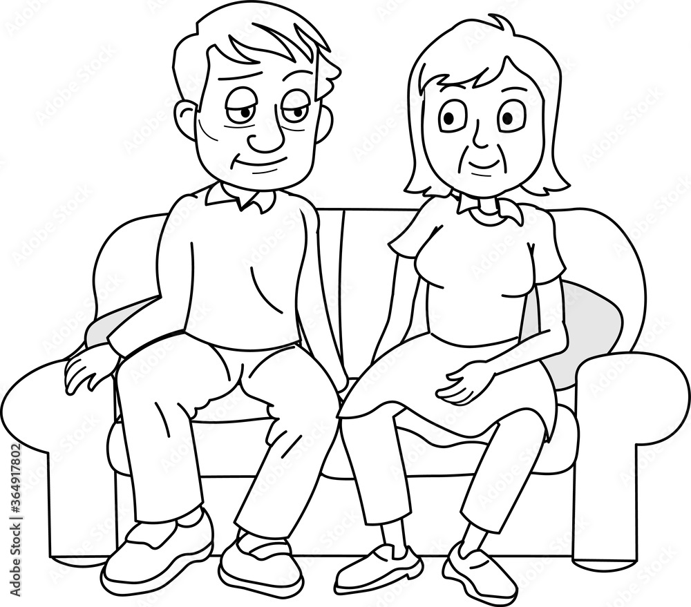  Hand drawn illustration of a couple sitting on a sofa sad unhappy quarrel disagree middle age man woman husband wife.