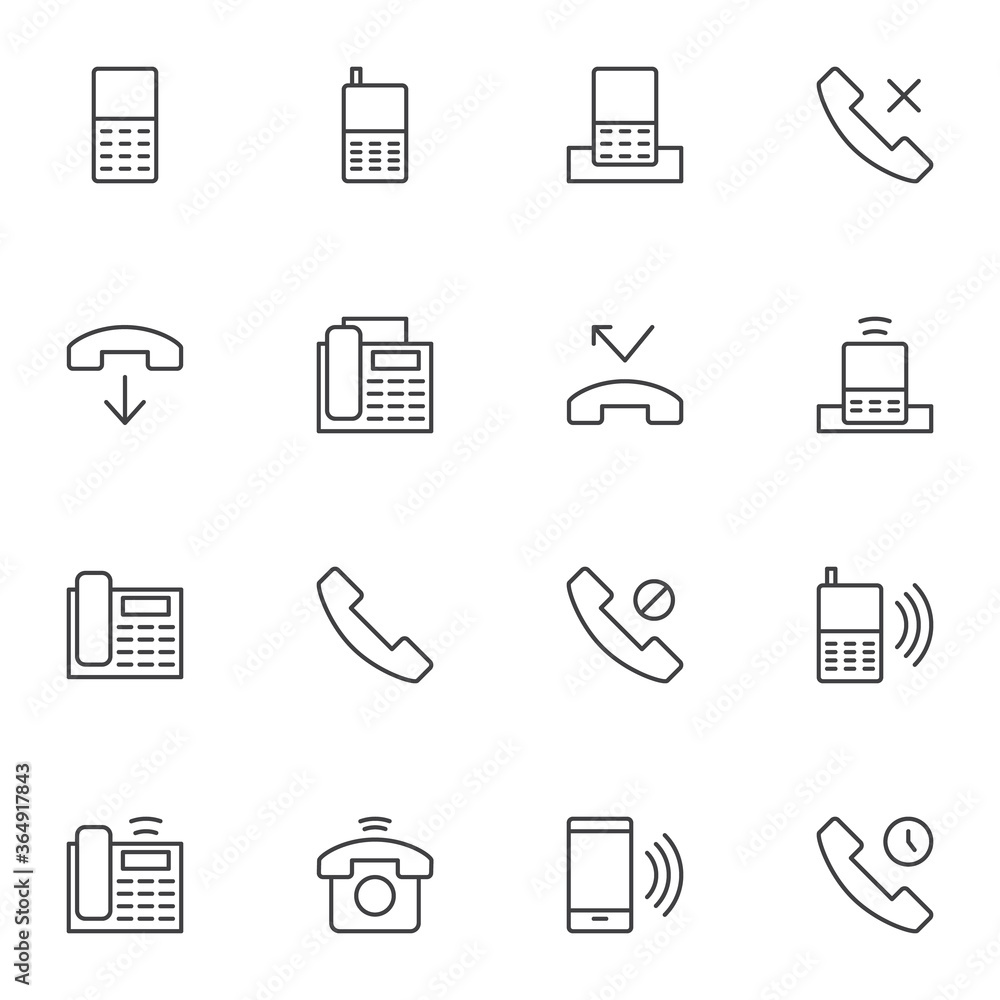 Phones line icons set, outline vector symbol collection, linear style pictogram pack. Signs, logo illustration. Set includes icons as cellphone, smartphone, office fax, telephone call, mobile phone Phones line icons set, outline vector symbol collection, linear style pictogram pack. Signs, logo illustration. Set includes icons as cellphone, smartphone, office fax, telephone call, mobile phone