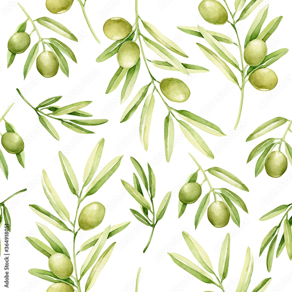 Hand drawn watercolor olive pattern on white background
