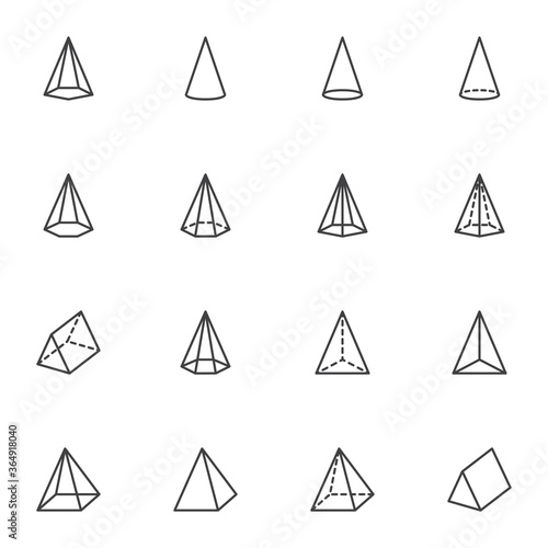 Cone shapes line icons set, outline vector symbol collection, linear style pictogram pack. Signs, logo illustration. Set includes icons as geometry shapes, pyramid, triangle