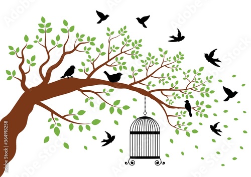 Fotografie, Tablou birdcage hanging from a tree with birds nearby