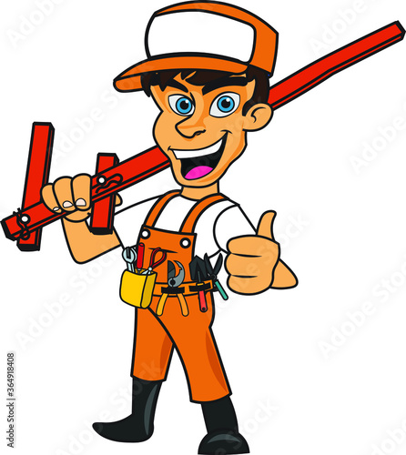Happy engineer worker technician showing thumbs up with a big Bo wrench  on his shoulder having a big smile cap on head