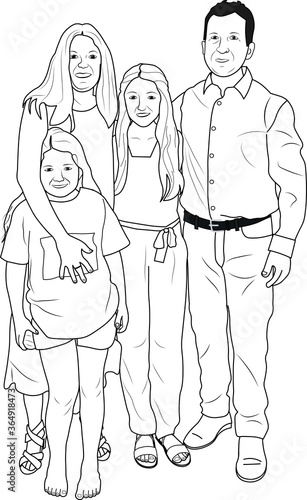 Happy family standing man woman daughter teen kids husband wife looking at camera