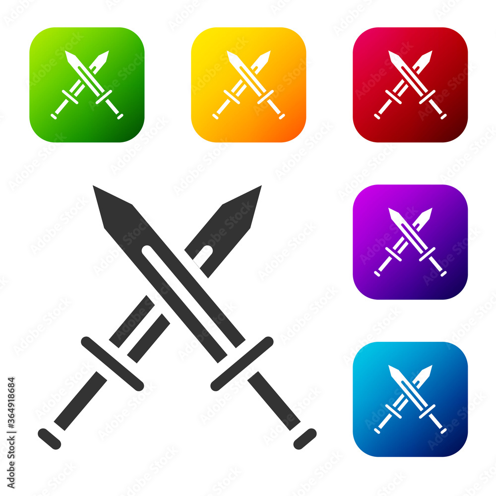 Black Crossed medieval sword icon isolated on white background. Medieval weapon. Set icons in color square buttons. Vector. Black Crossed medieval sword icon isolated on white background. Medieval weapon. Set icons in color square buttons. Vector.