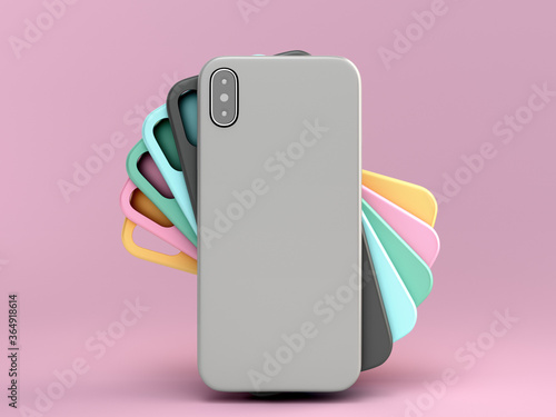 multicolored phone cases presentation for showcase 3d render on color background