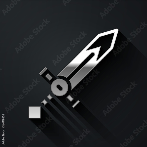 Silver Medieval sword icon isolated on black background. Medieval weapon. Long shadow style. Vector.