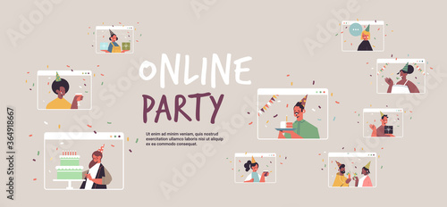 set people in festive hats celebrating online birthday party mix race men women in computer windows celebration self isolation quarantine concept portrait horizontal copy space vector illustration