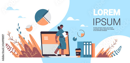 african american businesswoman with folder coming out laptop screen digital detox concept full length horizontal copy space vector illustration