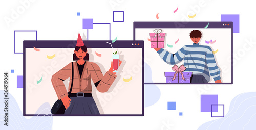man woman in festive hats celebrating online birthday party couple in computer windows having fun celebration self isolation virtual meeting concept portrait horizontal vector illustration