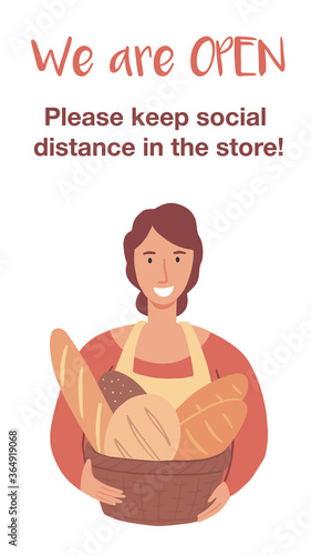Woman holds a busket with fresh bread. Bakery is open. Coronavirus quarantine vector illustration.