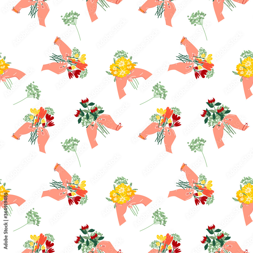 Seamless pattern of a bouquet of flowers in your hands. Summer flowers on a white isolated background. Stylish flower patterns for decoration. Vector.
