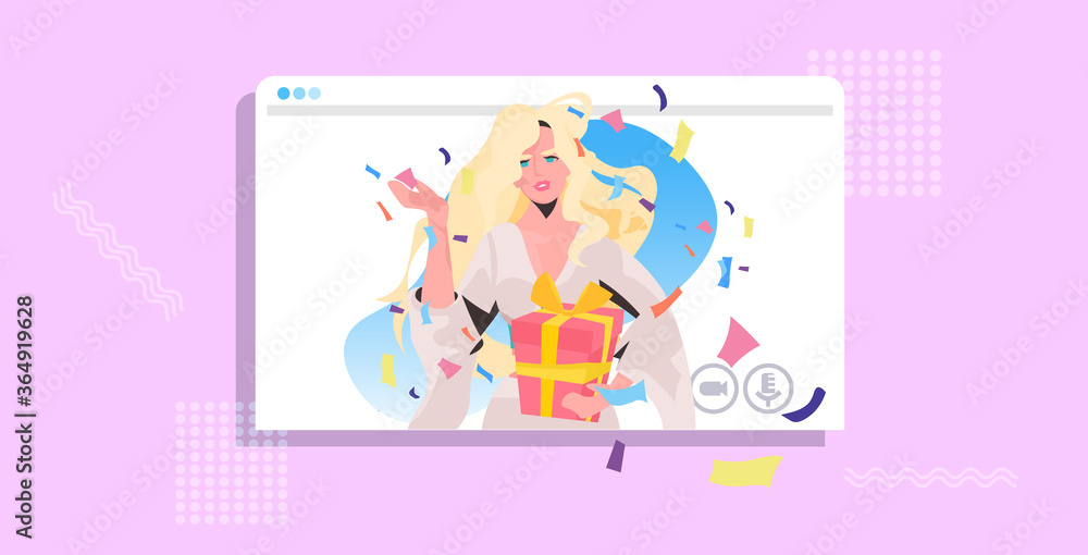 woman celebrating online party girl in web browser window holding wrapped gift box celebration self isolation concept portrait horizontal vector illustration