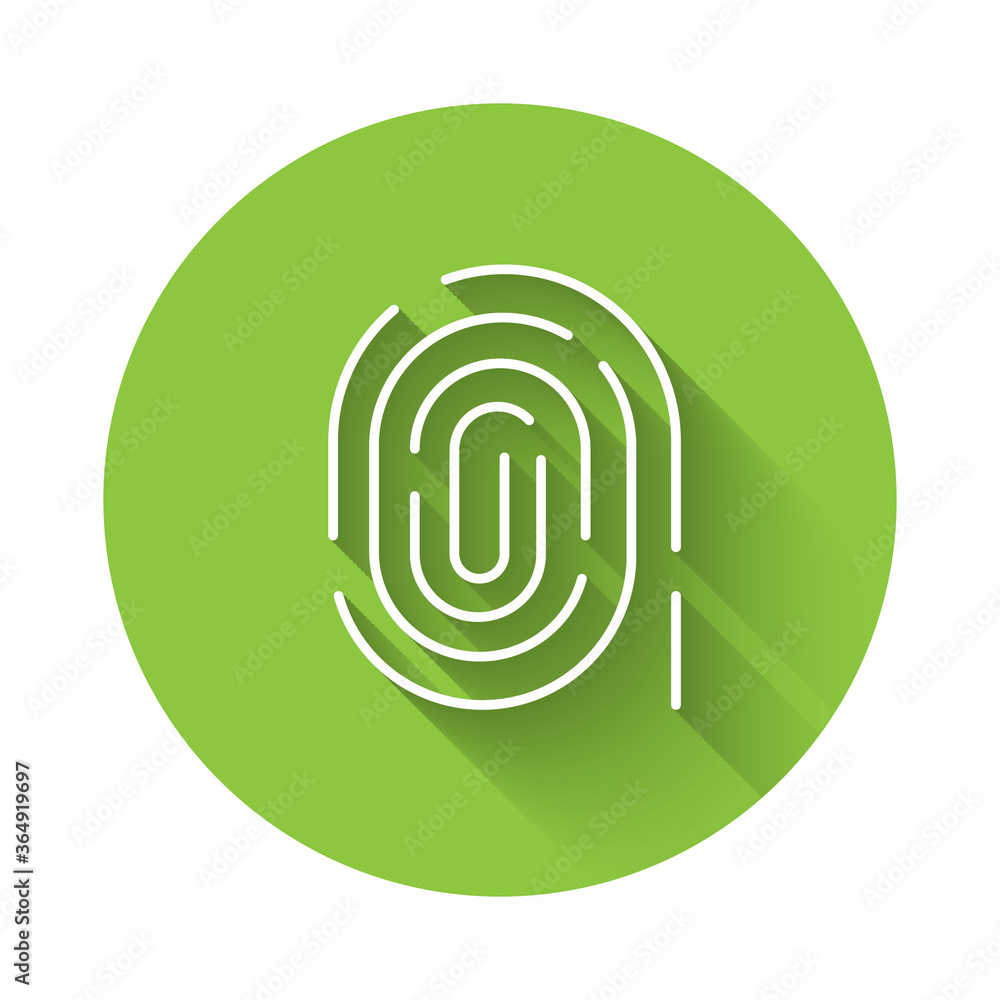 White Fingerprint icon isolated with long shadow. ID app icon. Identification sign. Touch id. Green circle button. Vector. White Fingerprint icon isolated with long shadow. ID app icon. Identification sign. Touch id. Green circle button. Vector.