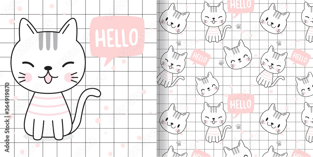 002 Draw happy cat. Print seamless pattern and Greeting card for fabric textiles kids.