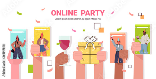 mix race people in smartphone screens celebrating online birthday party during video call celebration self isolation virtual meeting concept horizontal copy space vector illustration