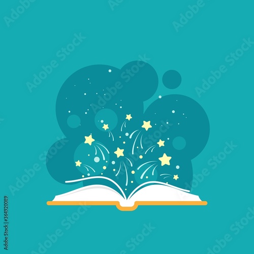 Open book with white stars and cosmos. Isolated on powder blue background.
