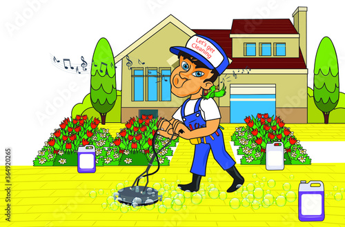 man giving thumbs up standing with gutter cleaning accessory kit jet washing vacuum equipment cap maintenance uniform cleaning service many tools on his belt