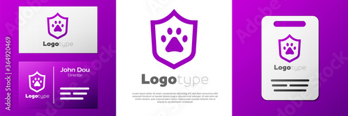 Logotype Animal health insurance icon isolated on white background. Pet protection concept. Dog or cat paw print. Logo design template element. Vector.