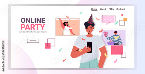 man in festive hat using smartphone celebrating online birthday party during video call with mix race friends celebration self isolation virtual meeting concept horizontal vector illustration