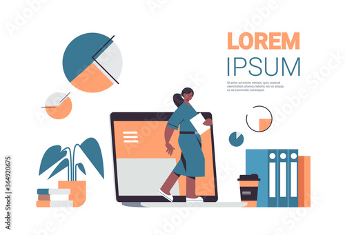 african american businesswoman with folder coming out laptop screen digital detox concept full length horizontal copy space vector illustration